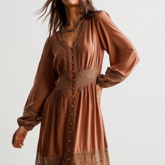 Boho Beauty Brown Casual Women's V Neck Lace Trimmed Maxi Dress - Picture 3 of 10